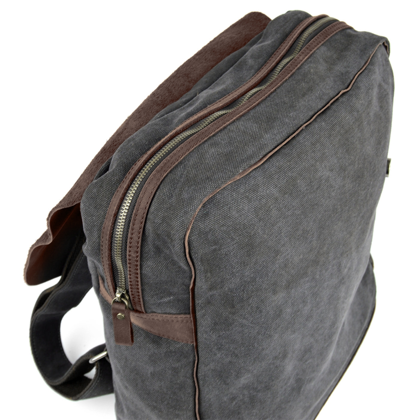 Retro-Rucksack aus grauem Canvas und dunklem Leder - 9