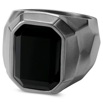 Jax | Silver-Tone & Black Stainless Steel With Black Agate Signet Ring
