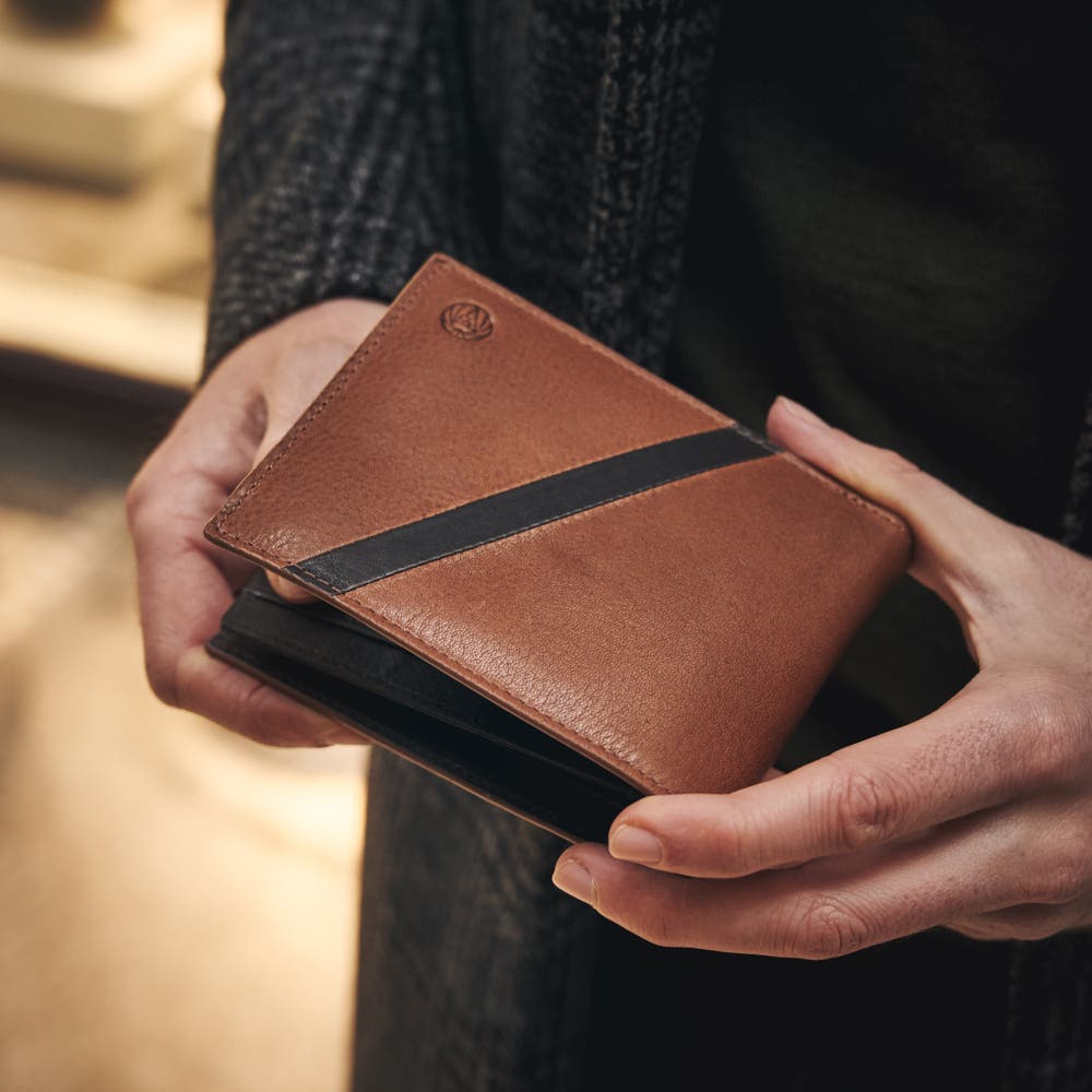 hover: Lind Tan & Dark-Brown Leather RFID-Blocking Wallet hover: Lind Tan & Dark-Brown Leather RFID-Blocking Wallet