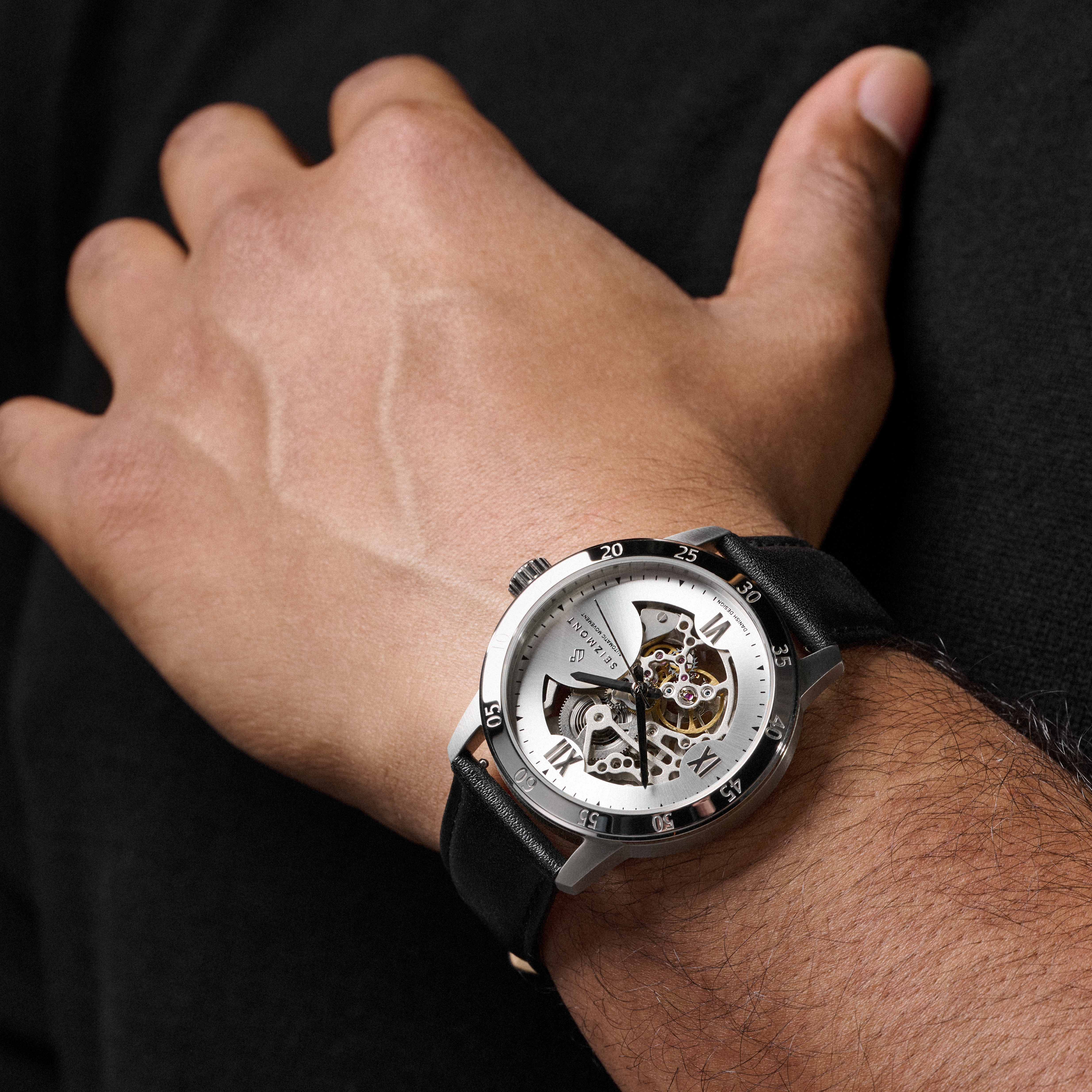 Dante II |  Montre squelette en acier inoxydable noir et argenté avec bracelet en cuir - 4