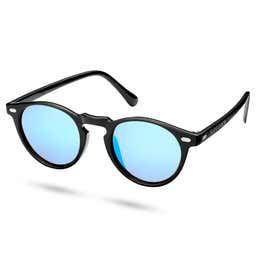 Retro Round Black & Baby Blue Polarised Sunglasses