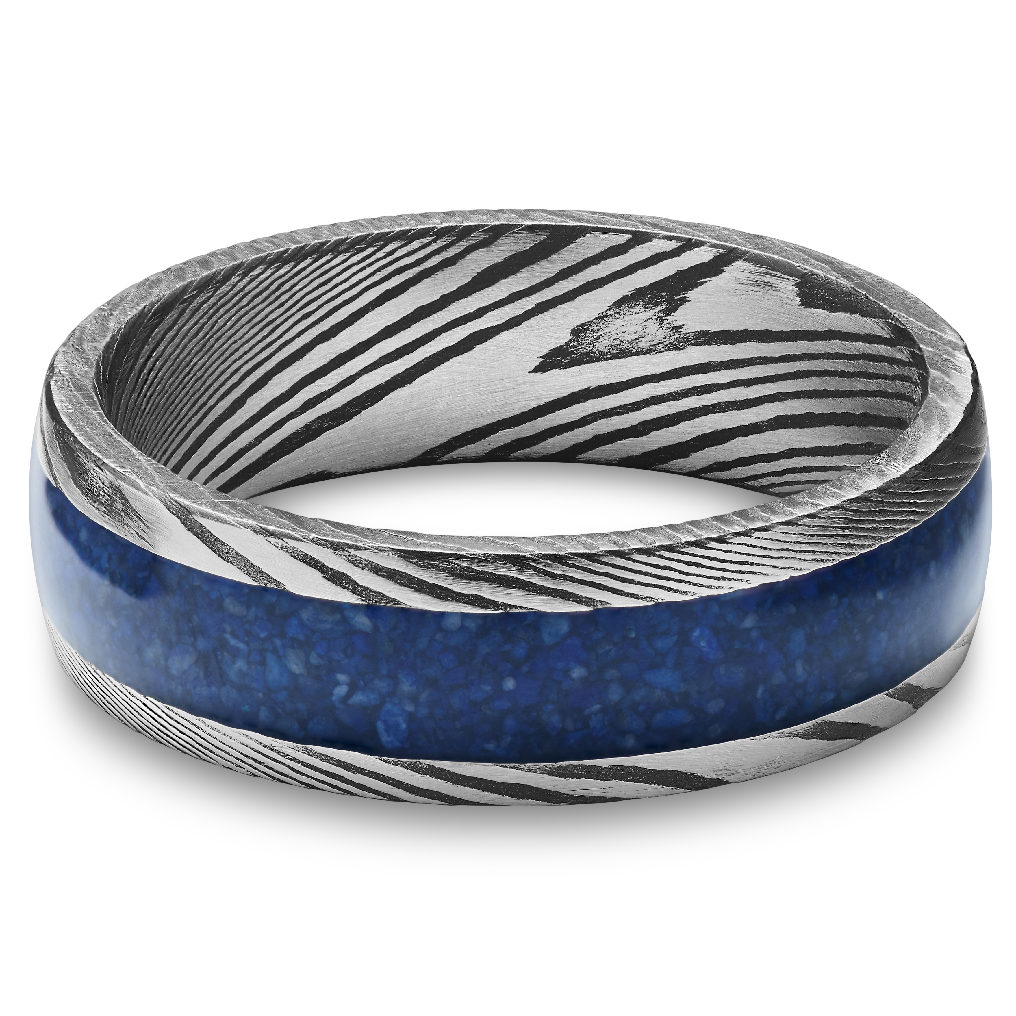 Fortis | 7 mm Gunmetal Gray and Silver-Tone Damascus Steel Ring with Lapis Lazuli Inlay - 6