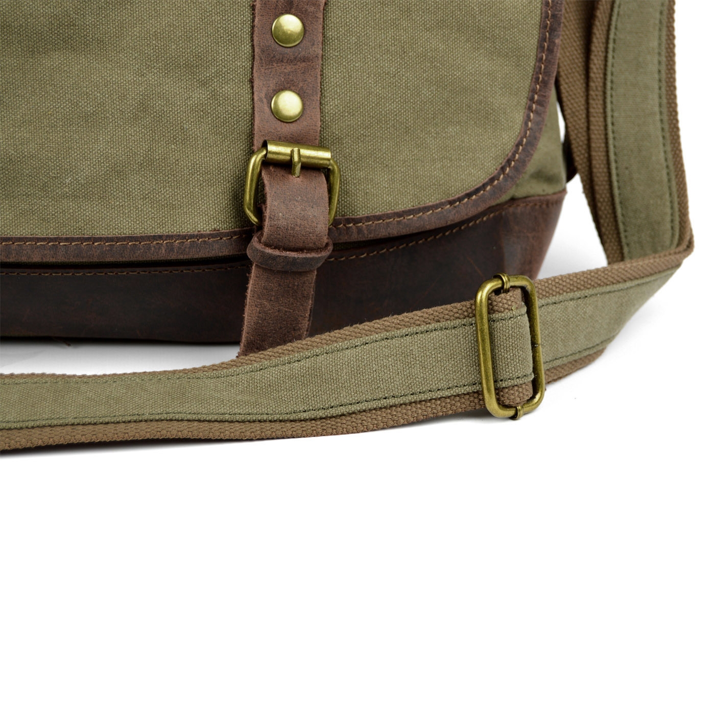 Vintage stiilis armeeroheline kanvasest ja nahast ülerinnakott - 6