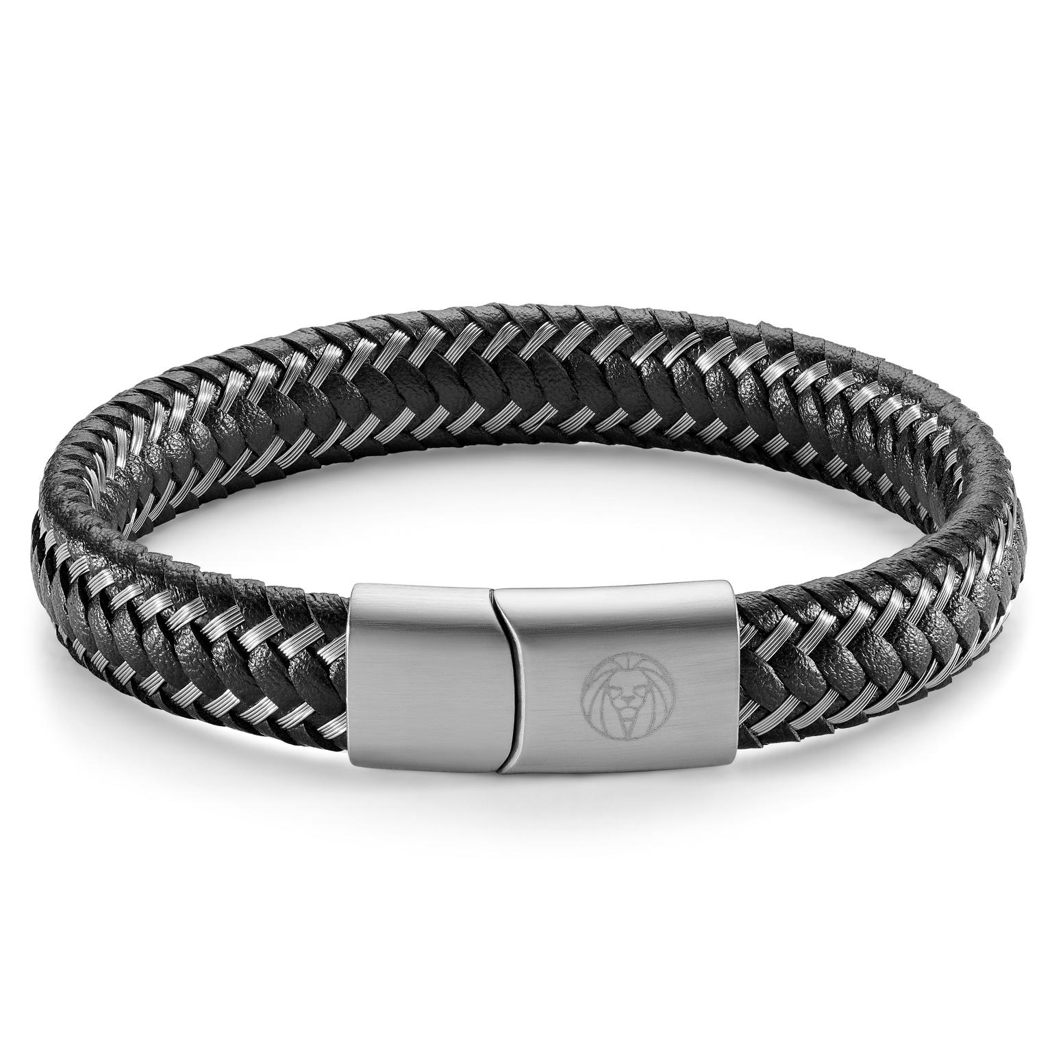 Pulsera de acero y cuero negro trenzado Pulsera de acero y cuero negro trenzado