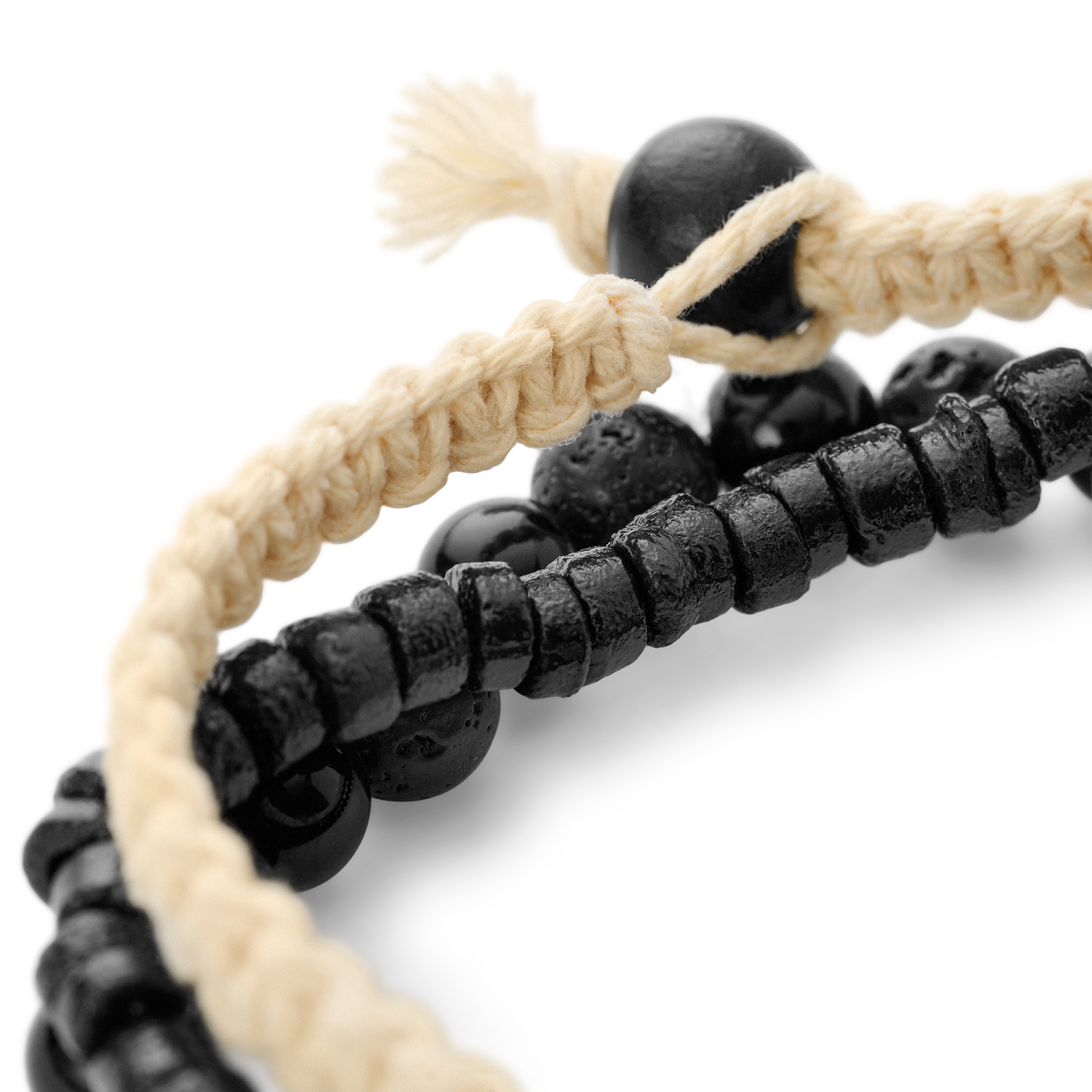 Schwarz & Beige Lava Rock, Onyx, Kokosnuss- und Armband-Set aus goldfarbenem Stahl - 3