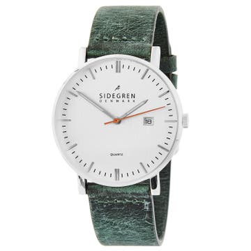 Kevil | Silver-Tone Slim Dress Watch With White Dial & Emerald Green Leather Strap