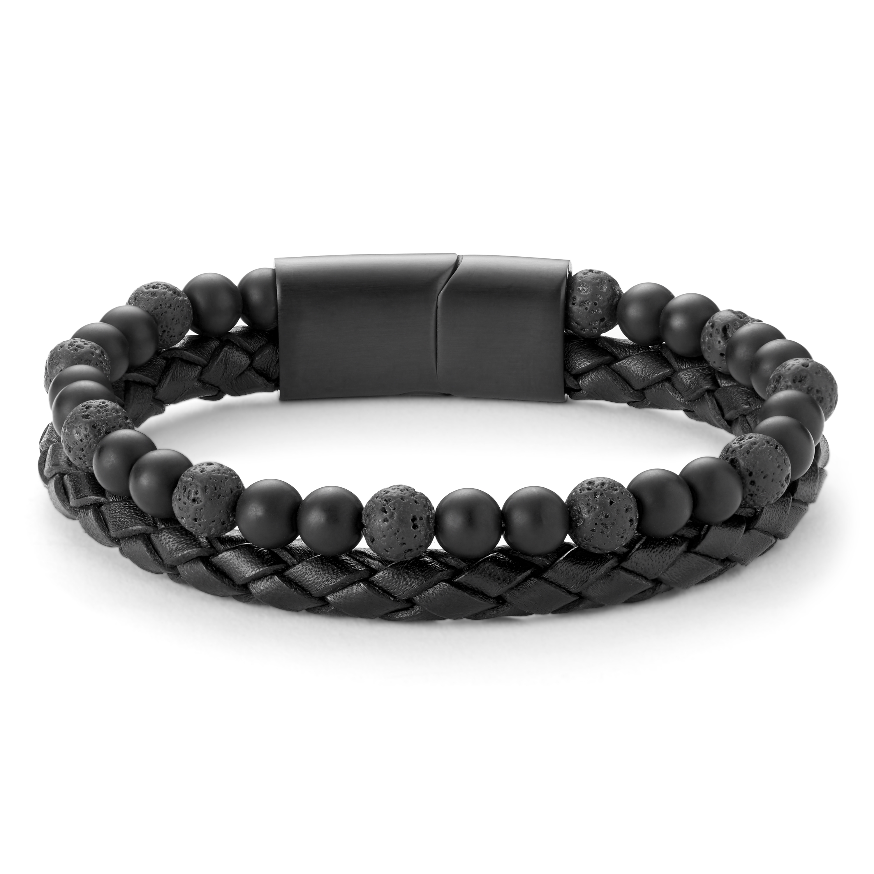 Black Lava Stone & Leather Icon Bracelet  - 2