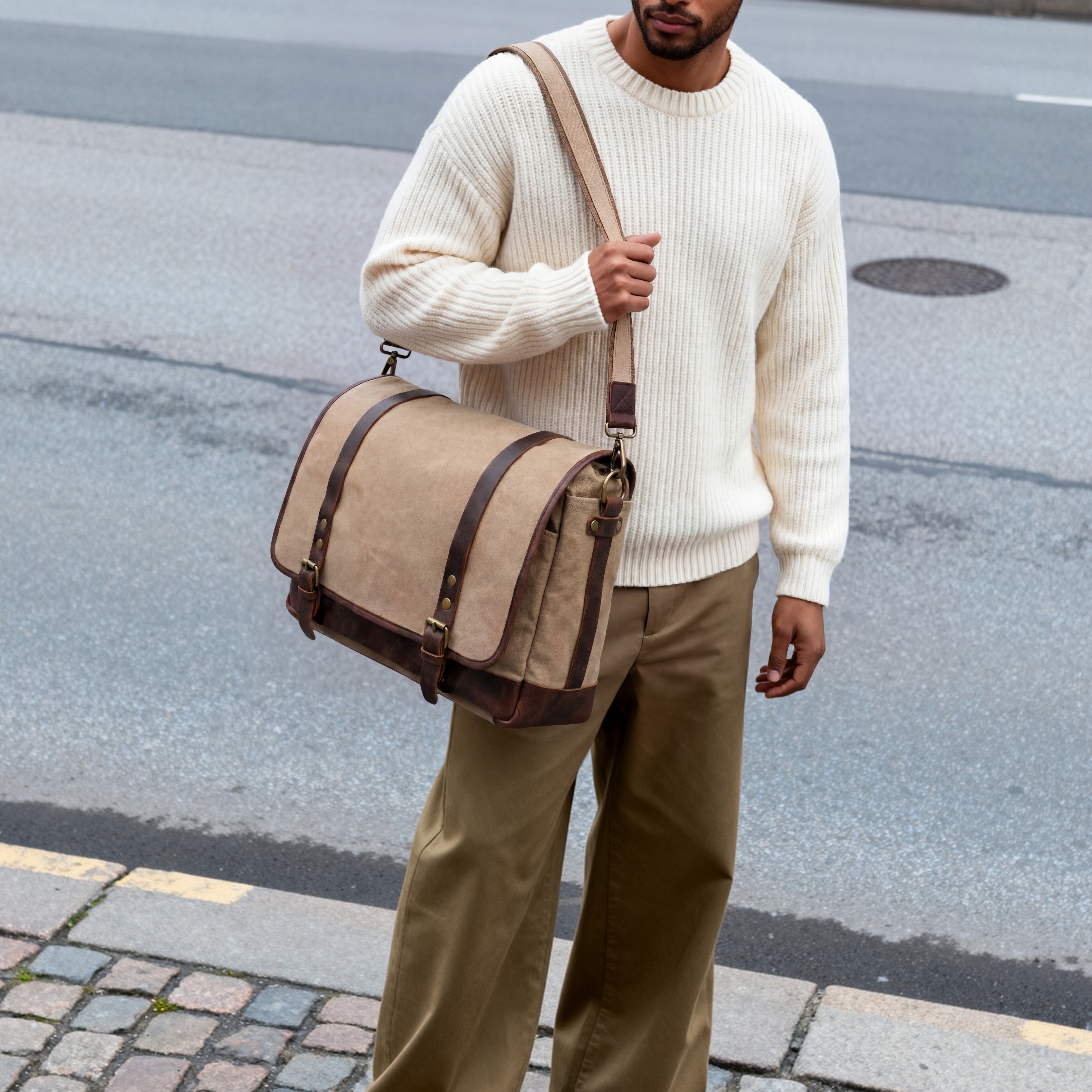 Vintage messenger taška cez rameno z bledohnedého plátna a kože - 3