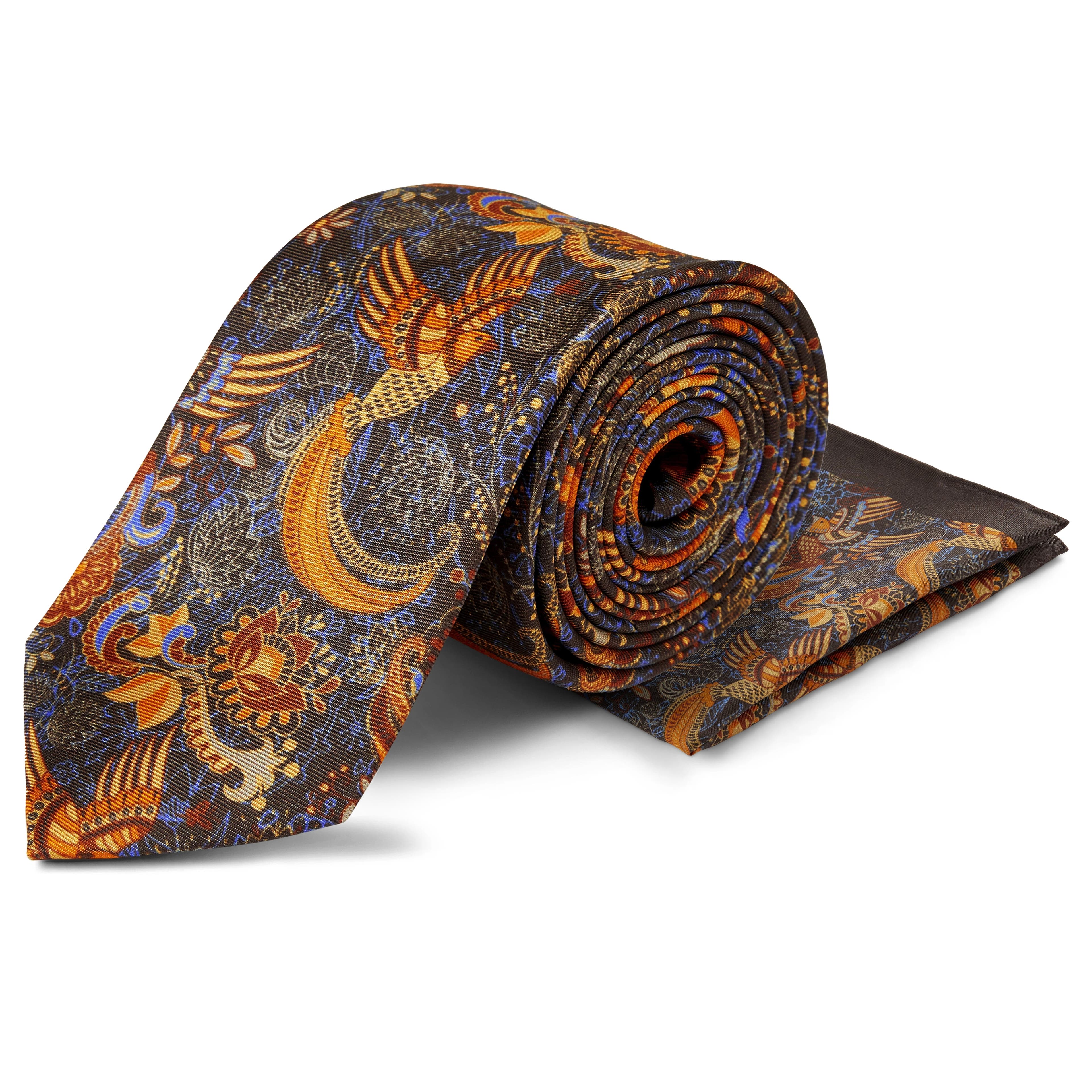 Кафяв копринен комплект вратовръзка и кърпичка за сако