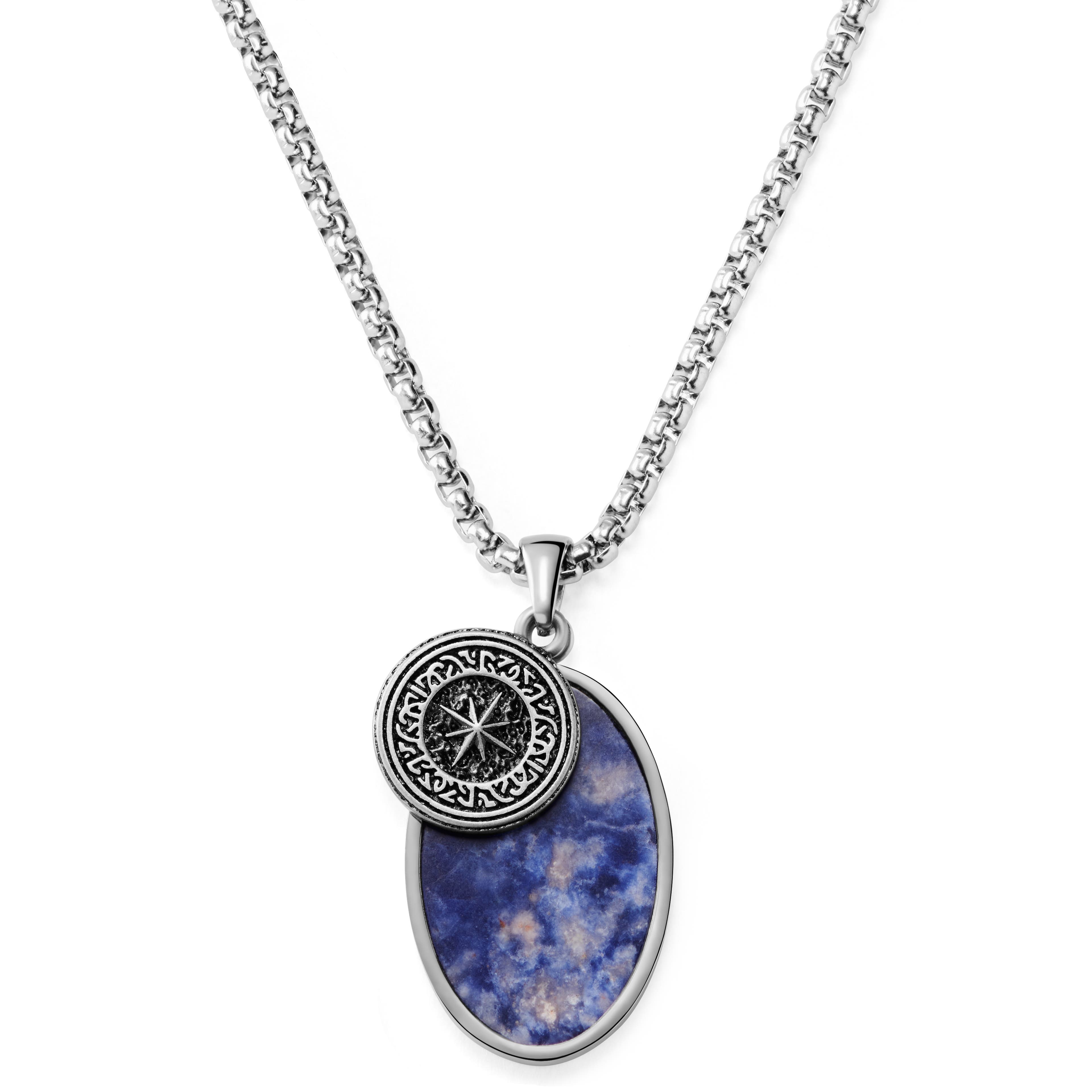 Orisun | Silver-Tone Stainless Steel & Blue Sodalite Oval Box Chain Necklace