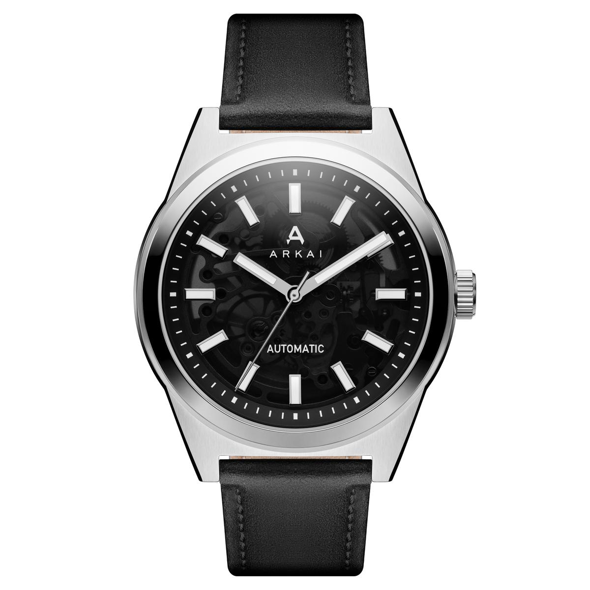 Caron | Reloj esqueleto automático en acero inoxidable plateado y negro ...