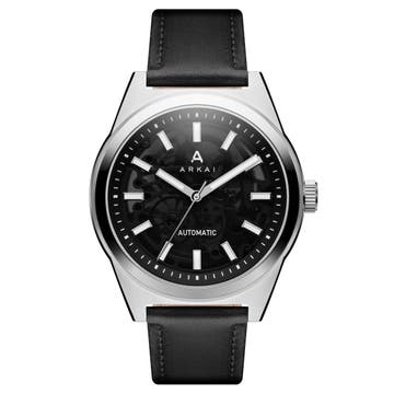 Caron | Черно-сребрист стоманен часовник с автоматичен видим механизъм