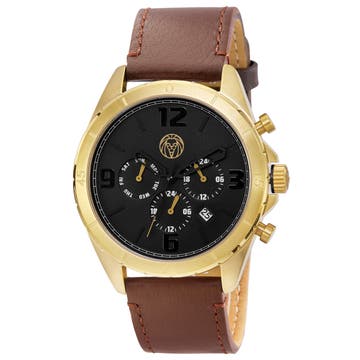Alton | Gold-Tone Chronograph Watch With Black Dial & Brown Leather Strap