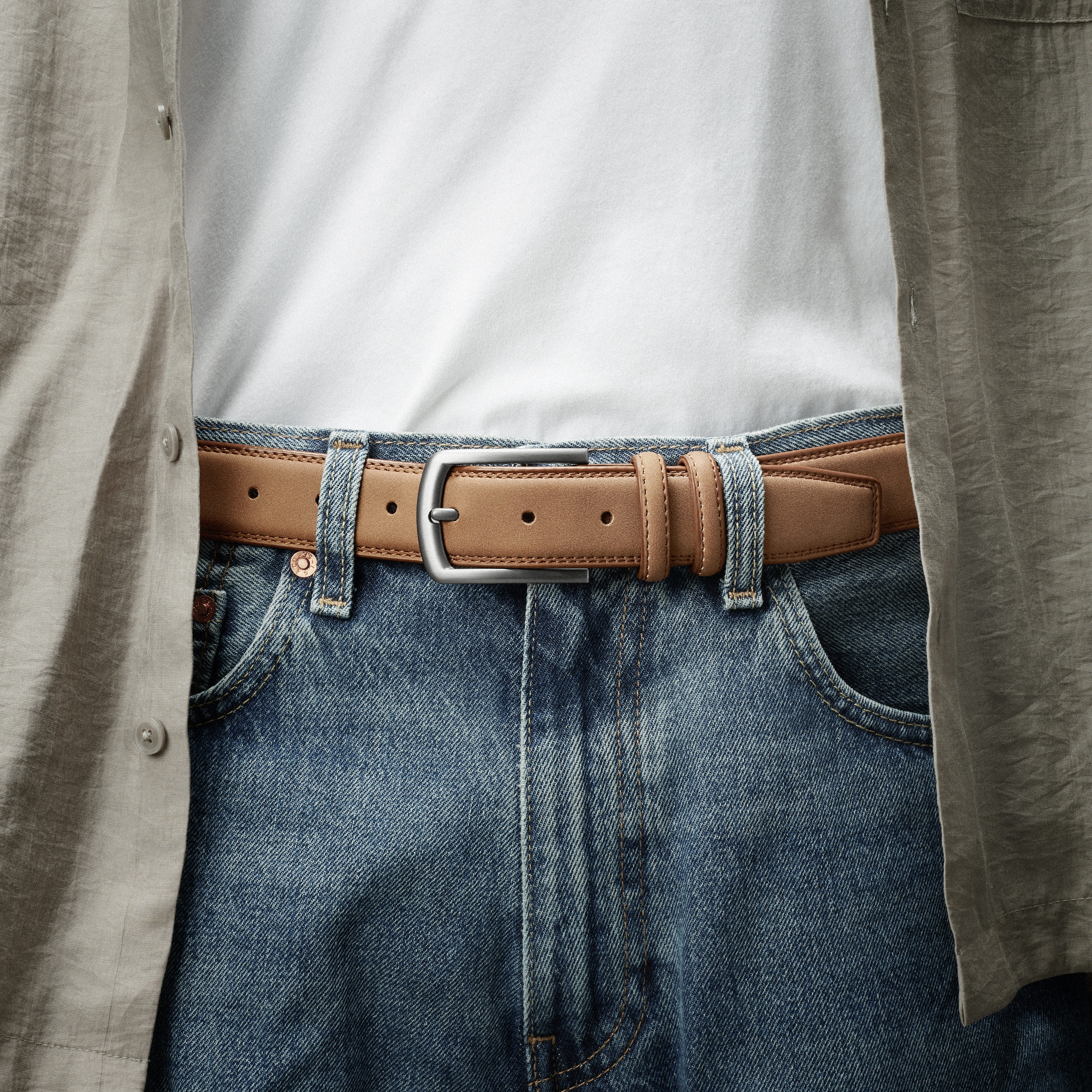 Светлокафяв класически колан от изкуствен велур - 3