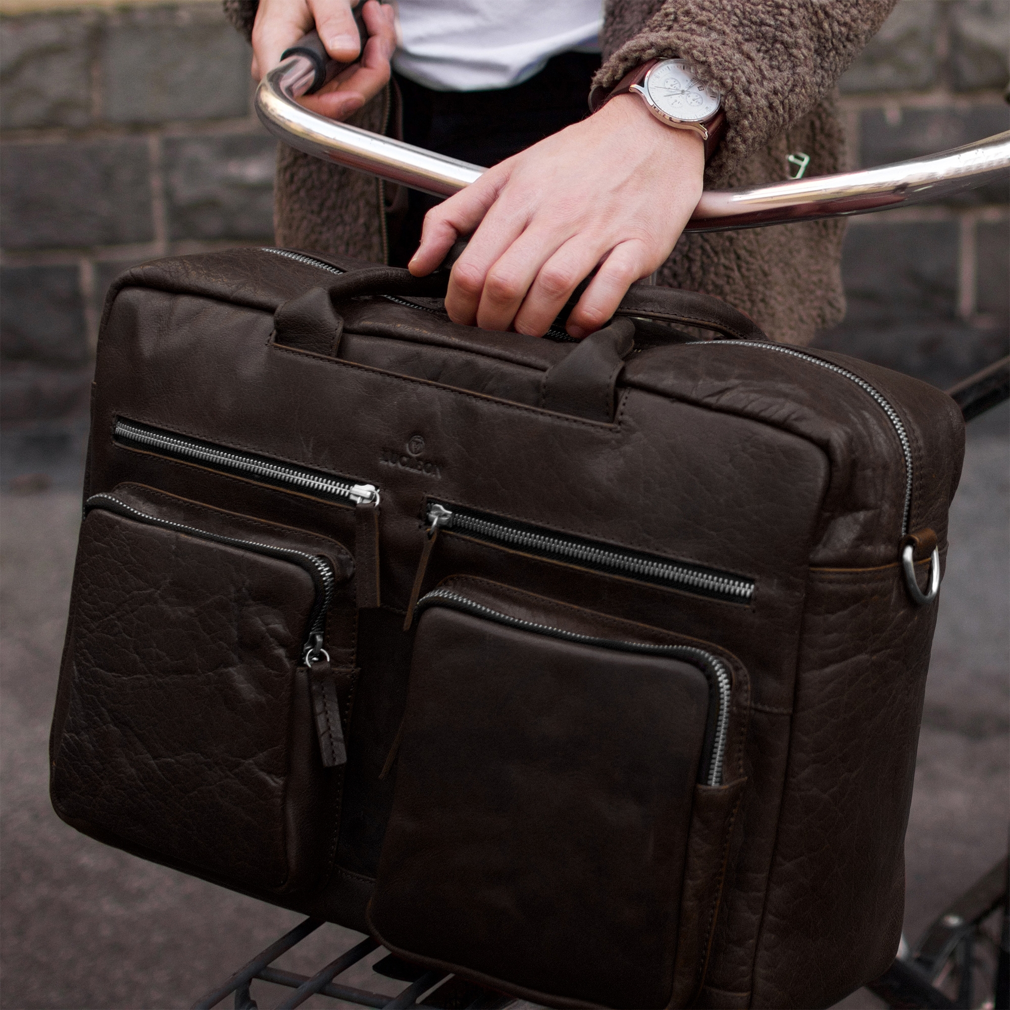 Montreal | XL Tan Leather Laptop Bag - for Men - Lucleon