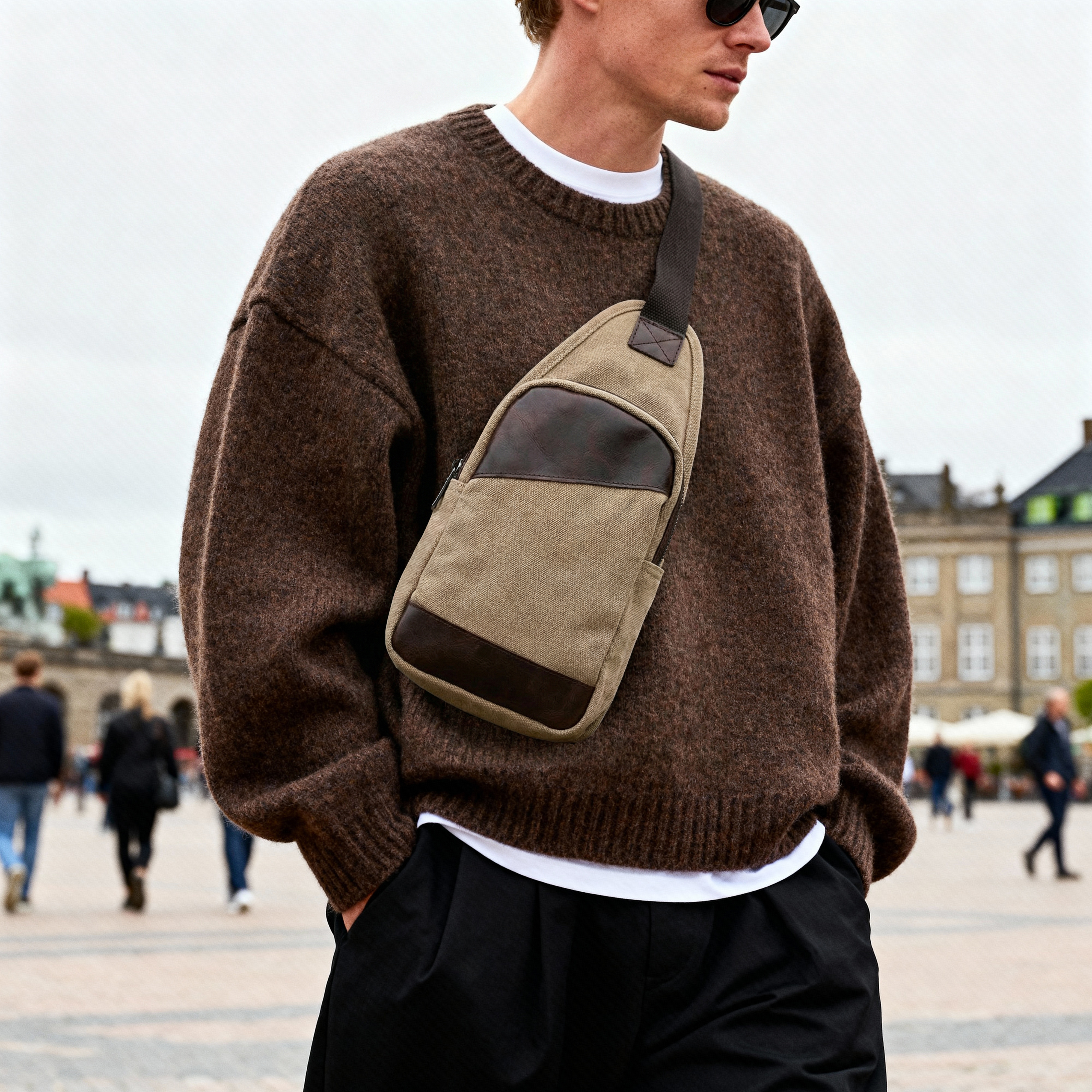 Chaki spalvos drobės ir odos krepšys per petį - 2