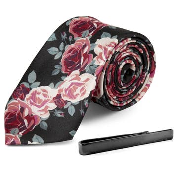Set de cravată florală din mătase și ac de cravată gri gunmetal