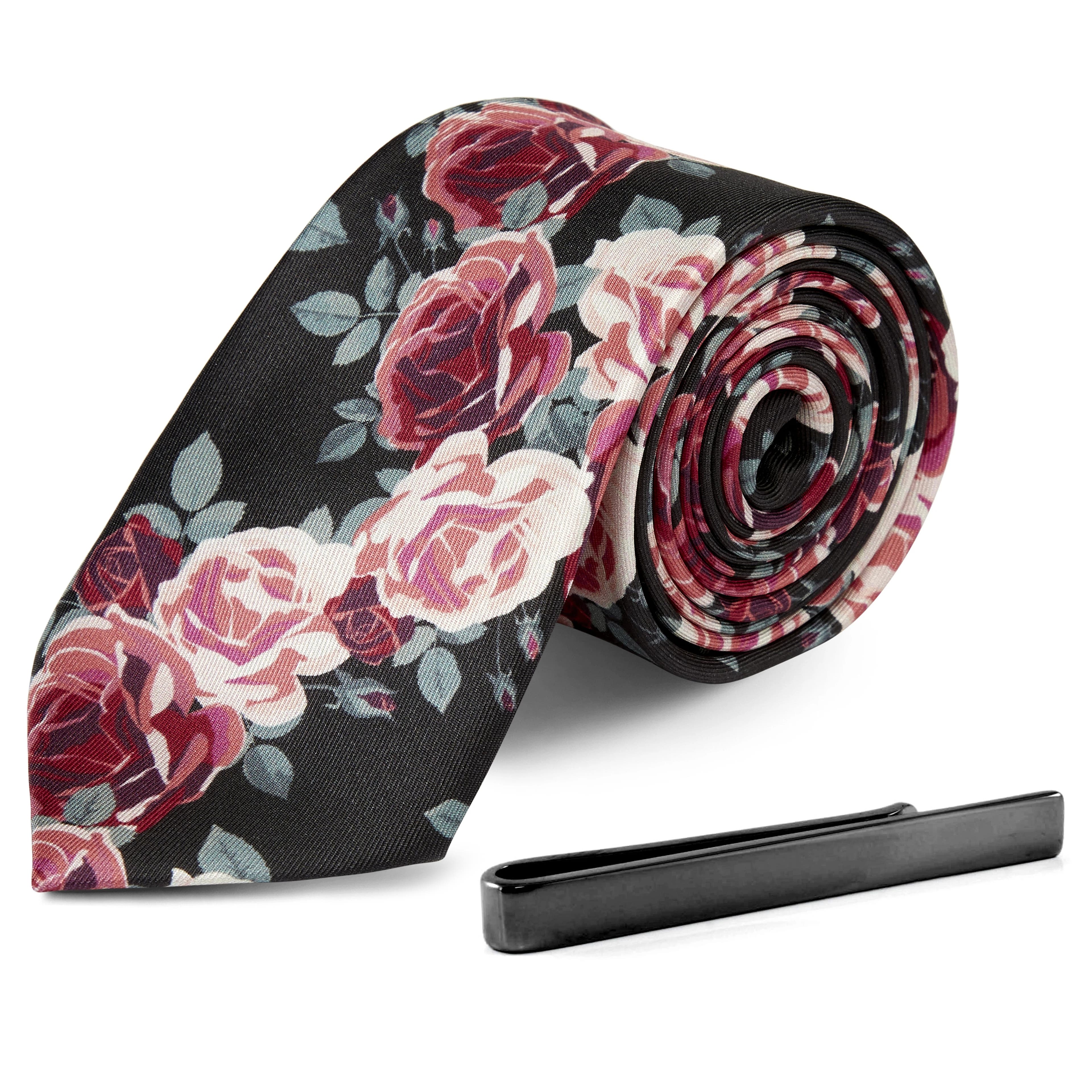 Virágmintás selyem nyakkendő és fegyverszürke nyakkendőtű szett