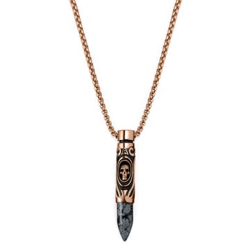 Rico náhrdelník s přívěskem ve tvaru náboje s obsidiánem sněhová vločka a lebkou v růžovo-zlaté barvě 