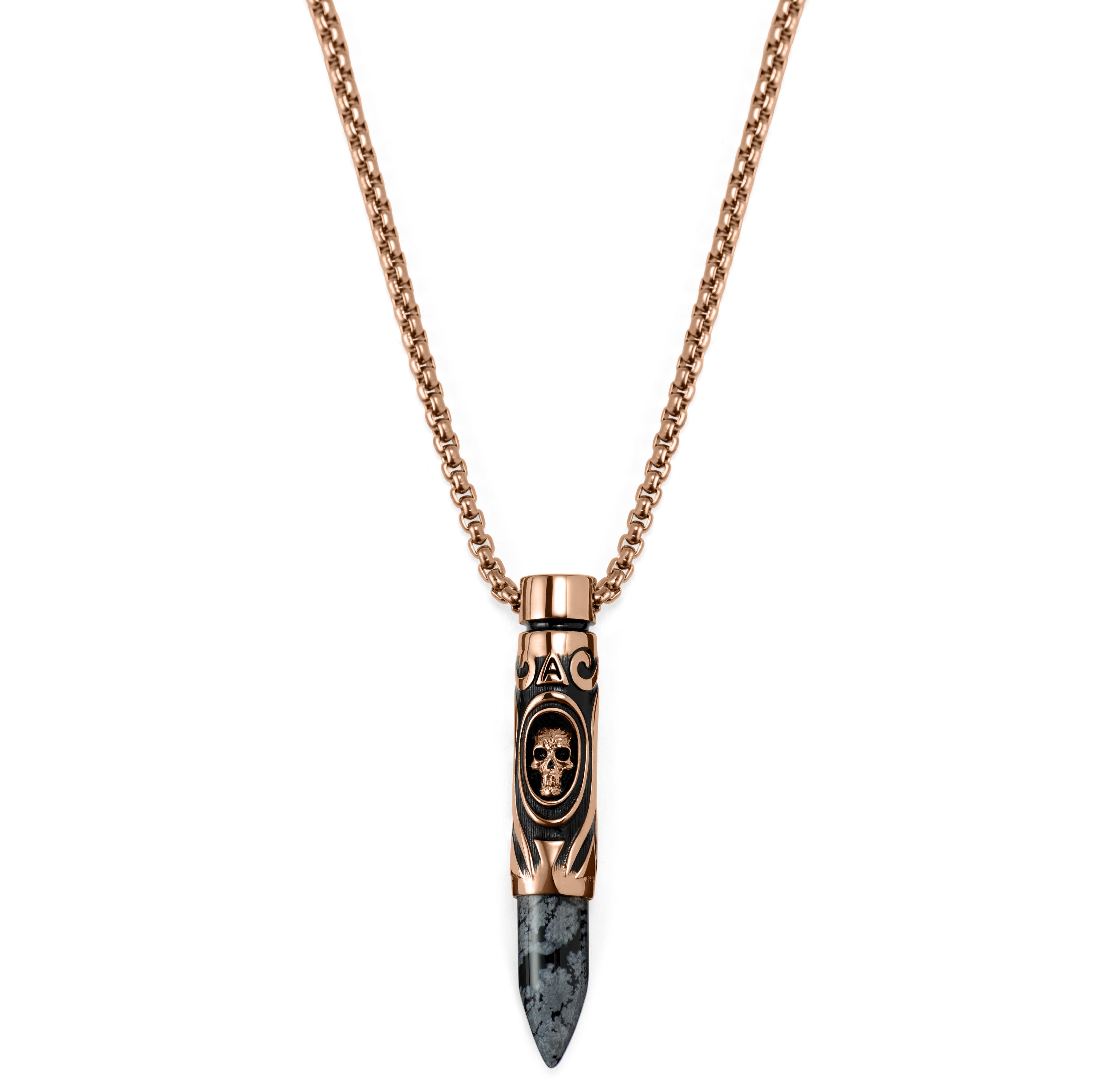 Rico náhrdelník s přívěskem ve tvaru náboje s obsidiánem sněhová vločka a lebkou v růžovo-zlaté barvě 