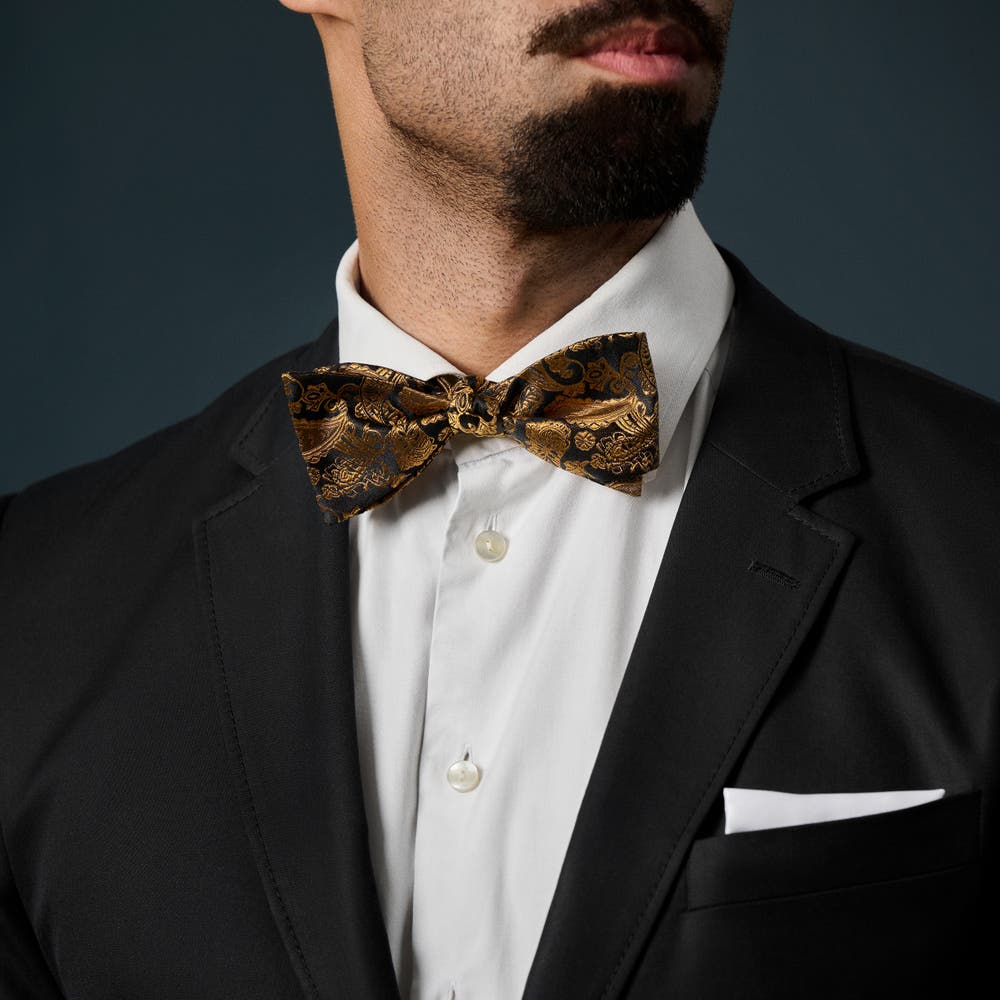 hover: Zijden zelfbinder vlinderdas met goud en bruin paisleymotief hover: Zijden zelfbinder vlinderdas met goud en bruin paisleymotief