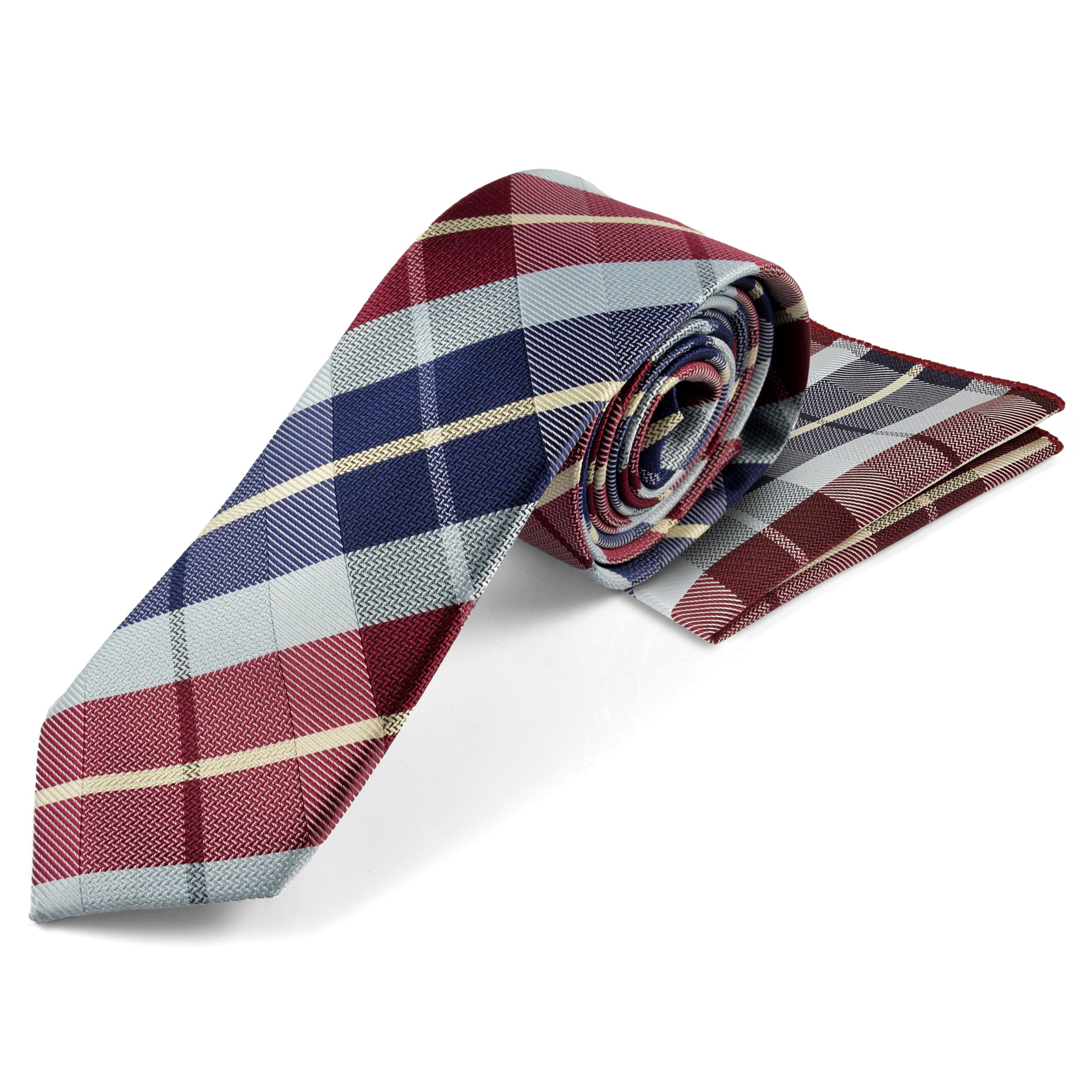 Kék és bordó kockás nyakkendő és díszzsebkendő szett