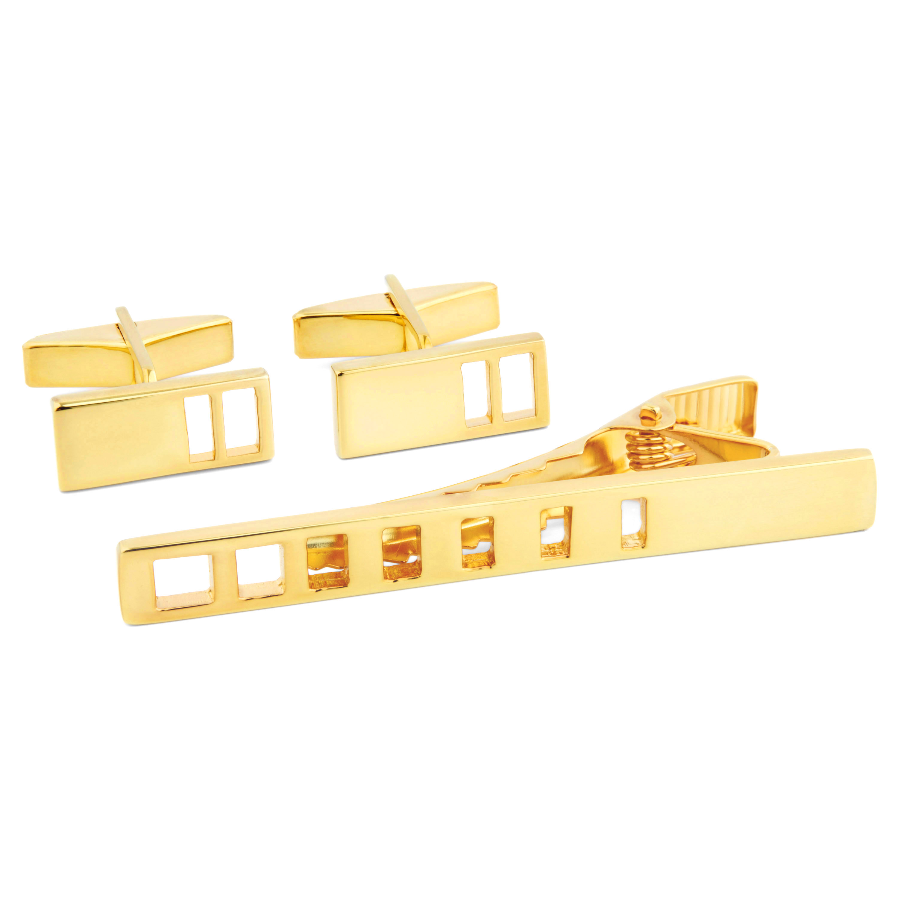 925er Gold Krawattenklammer & Manschettenknöpfe Set Mit Abgestuften Aussparungen - 1