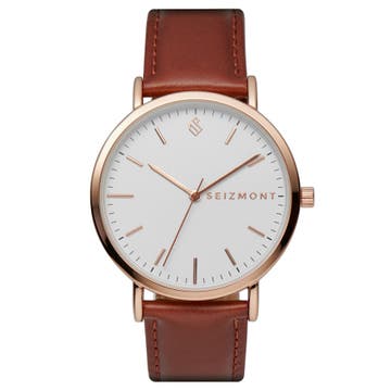 Moment | Rose Gold-Tone Minimalist Dress Watch With White Dial & Rust Leather Strap