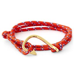 Bracelet L'hameçon doré à cordon rouge blanc et bleu 