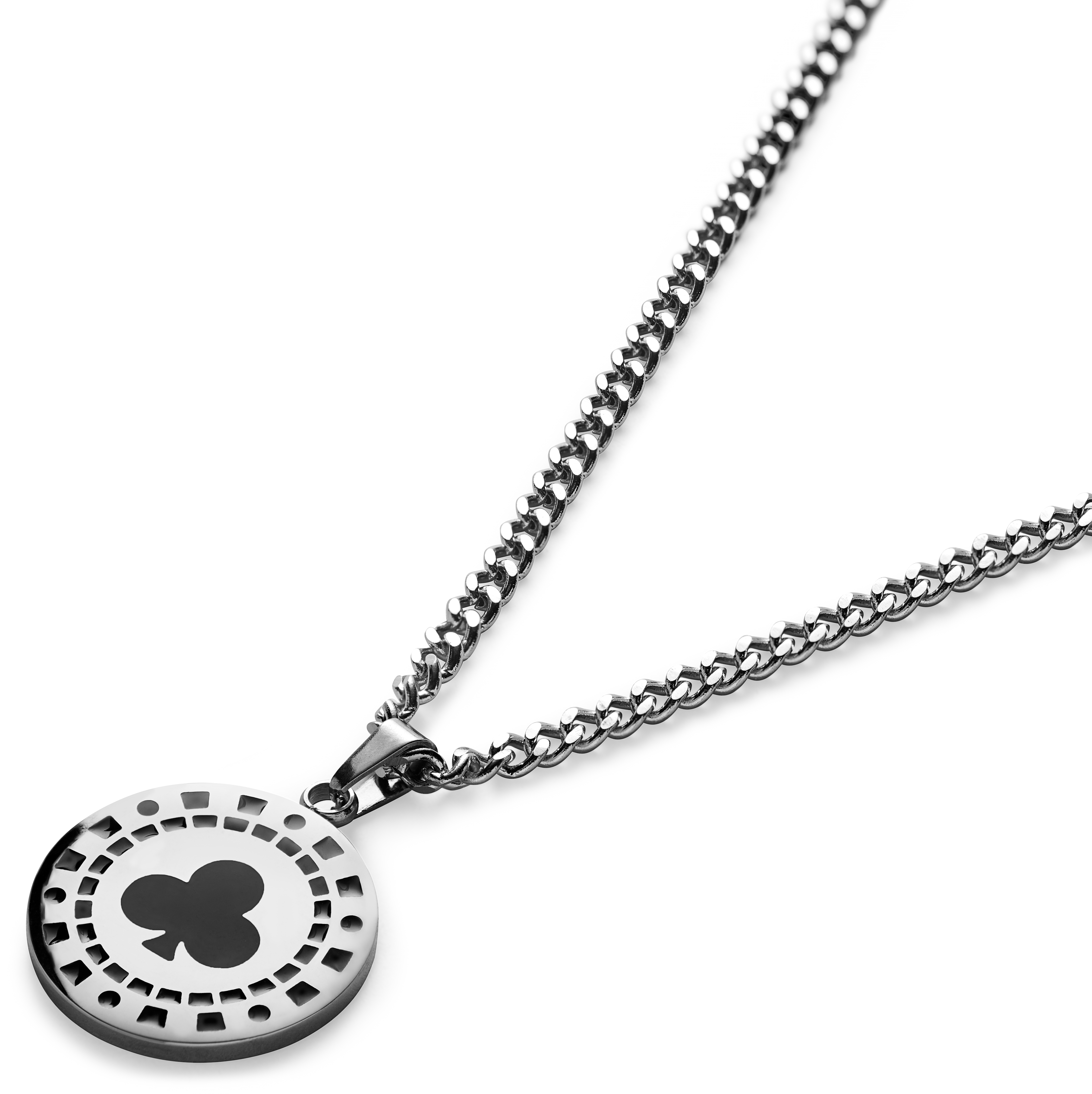 Ace | Silver-tone Clubs Poker Chip Pendant Necklace - 5