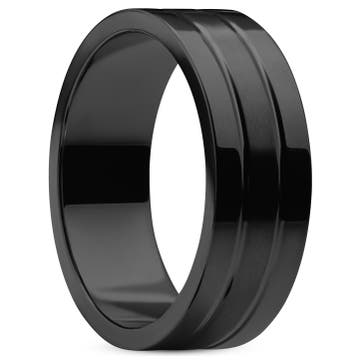 Ferrum | 8 mm Flat Black Polished & Brushed Stainless Steel Double-grooved Ring