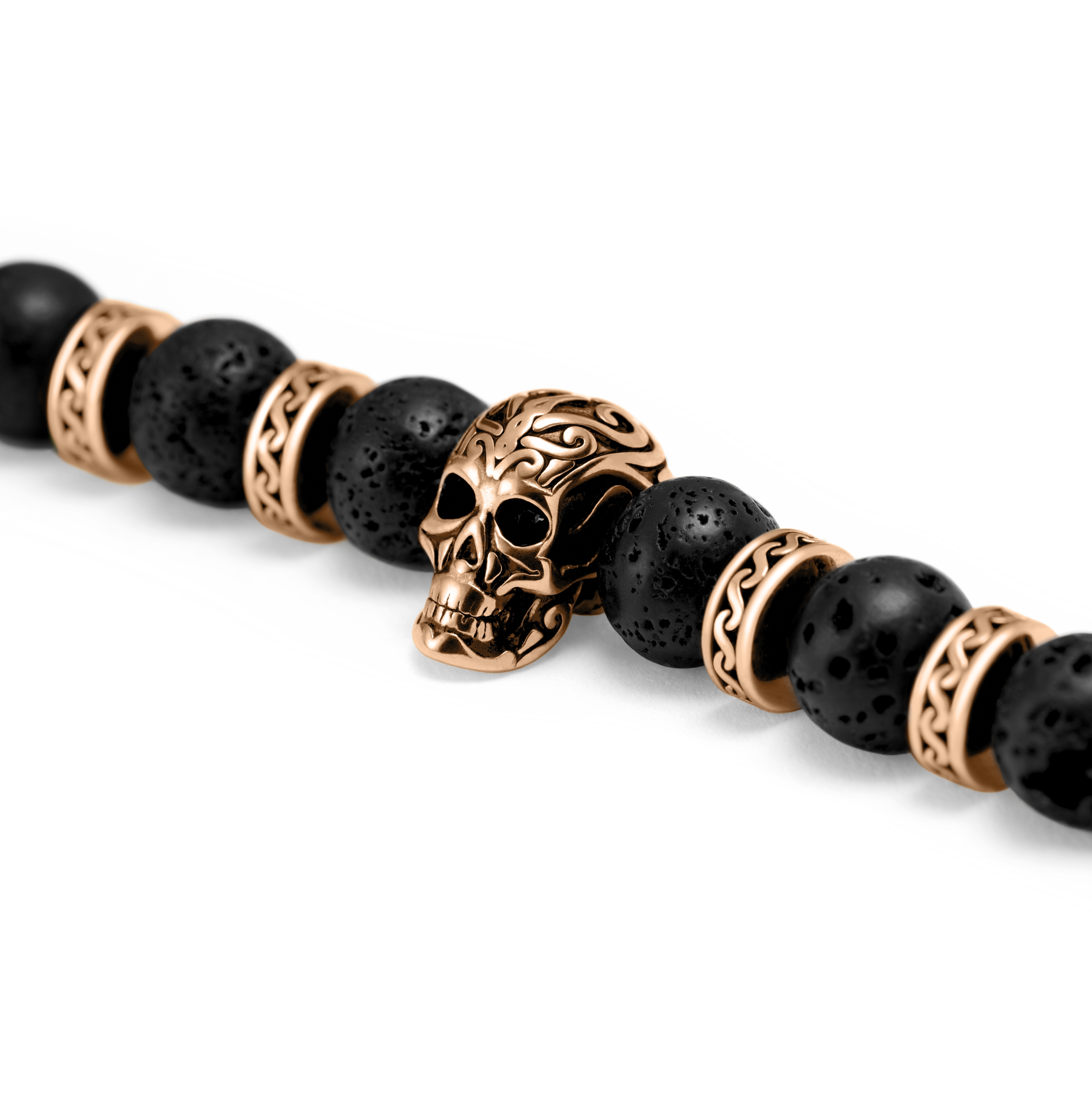 Rico | Bracelet en pierres de lave avec tête de mort en acier inoxydable couleur or rose - 2