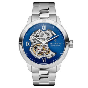 Dante II | Skeletové hodinky v striebornej farbe s modrým ciferníkom