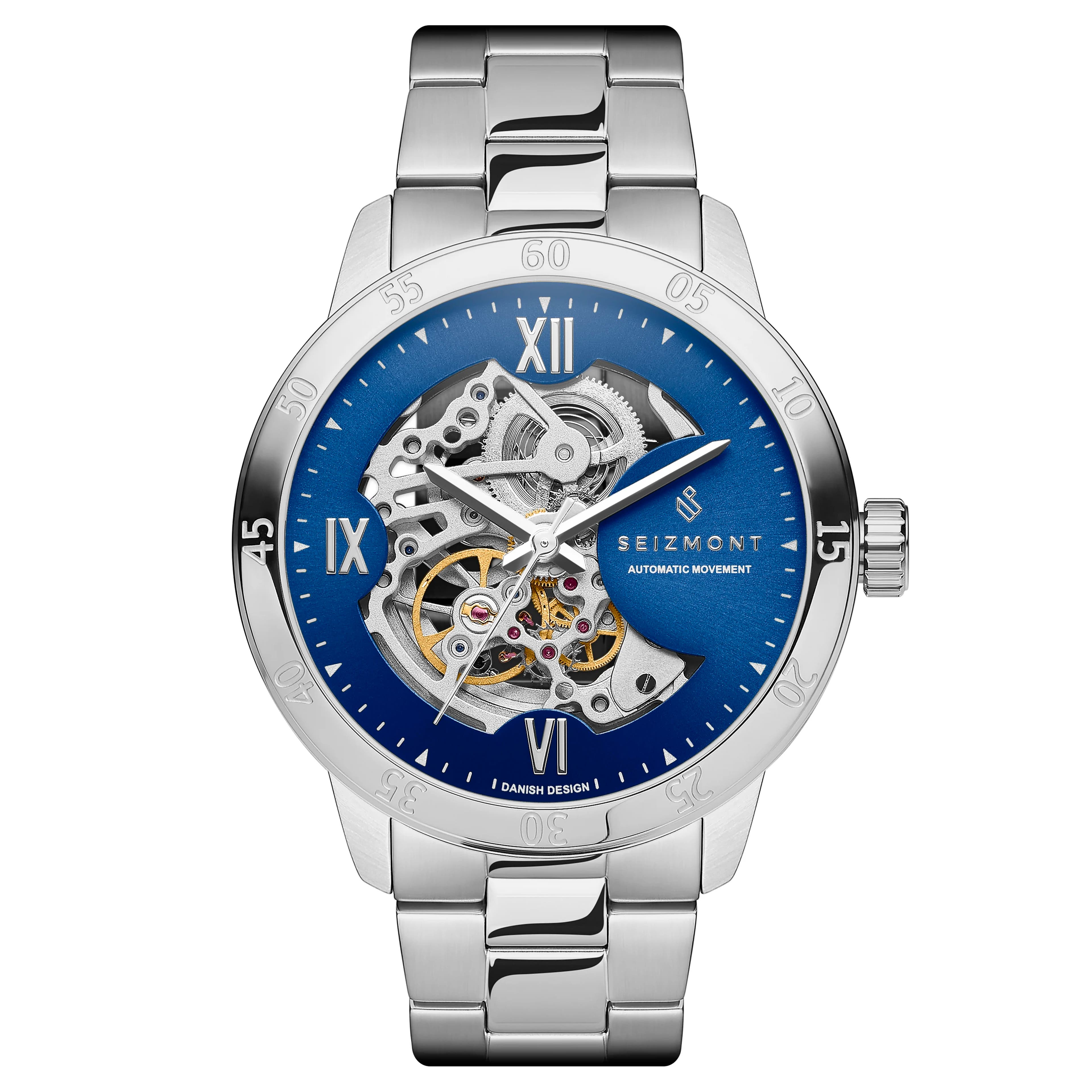 Dante II | Srebrzysty zegarek z widocznym mechanizmem i niebieską tarczą