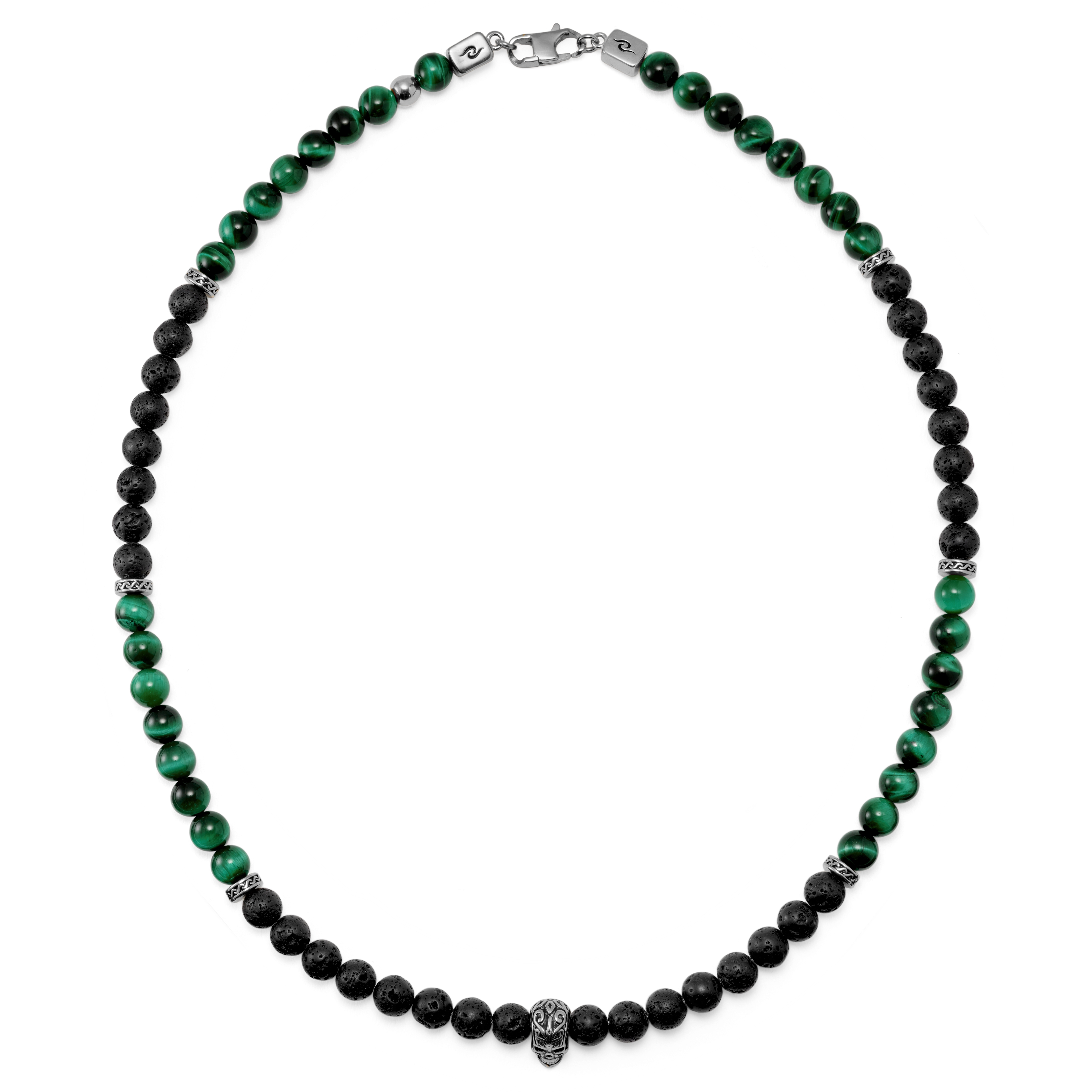 Rico | Silver-Tone Stainless Steel With Lava Rock & Green Tiger's Eye Necklace Set - 5