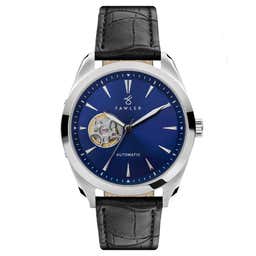 Fenes | Silver-Tone Open-heart Skeleton Watch With Blue Dial & Black Leather Strap