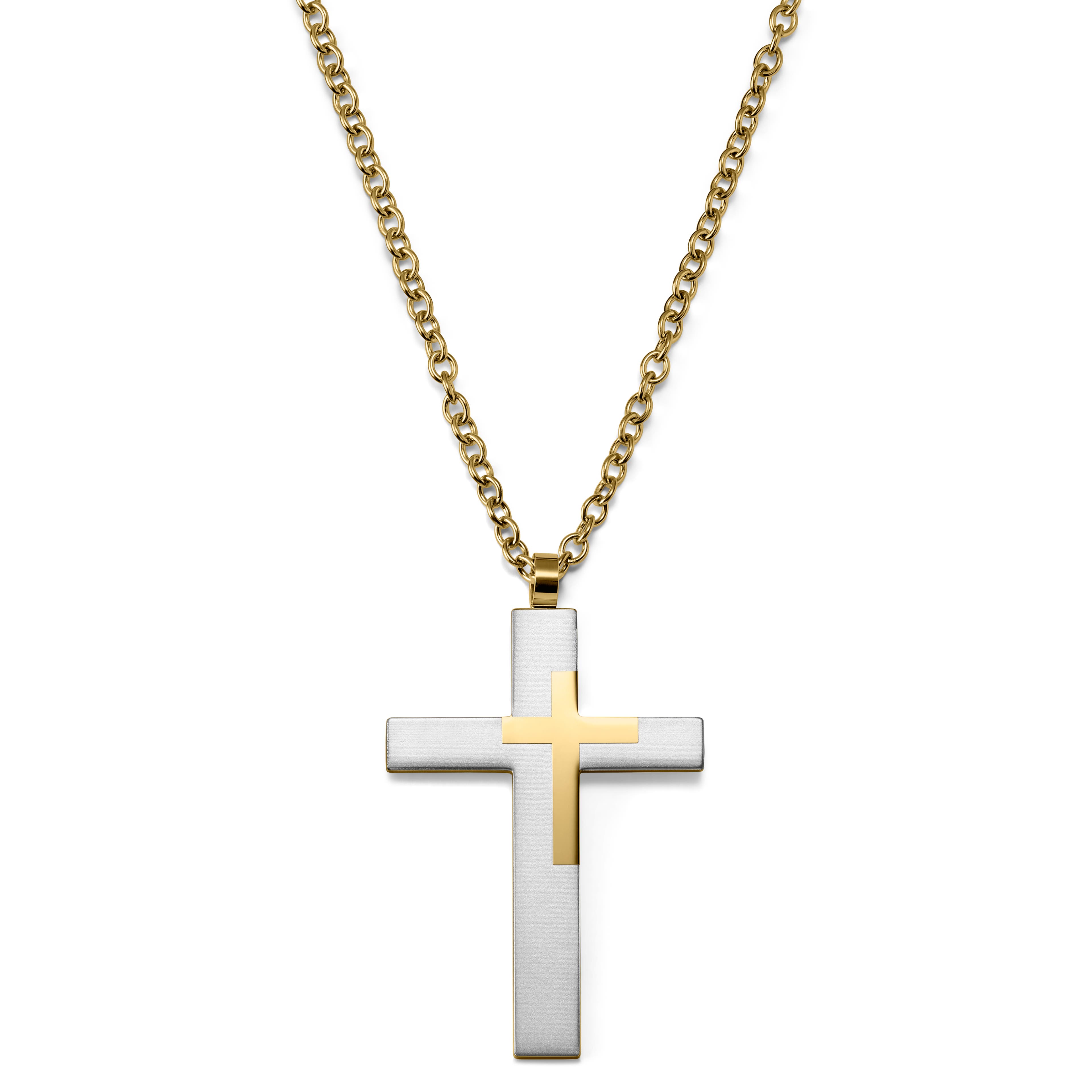 Collier à grand pendentif croix en acier doré & argenté 