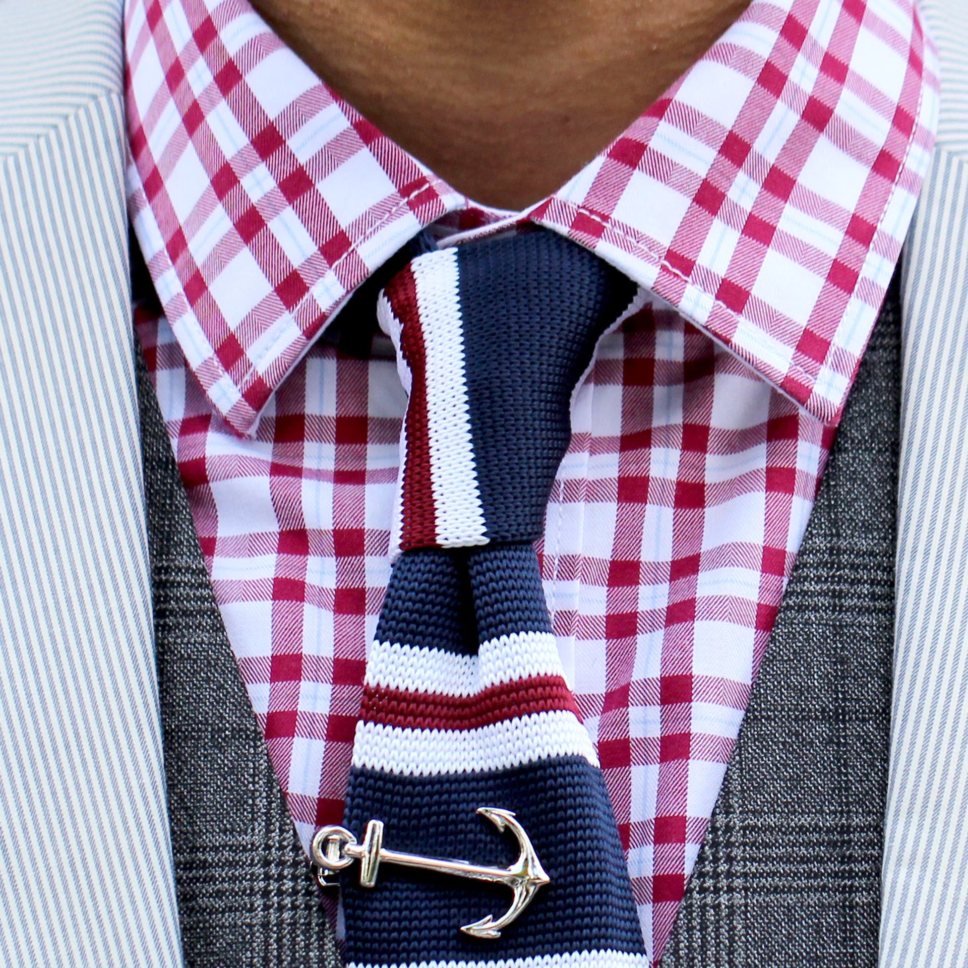 Navy Blue, Red & White Striped Polyester Knitted Tie | In stock! | Tailor Toki
