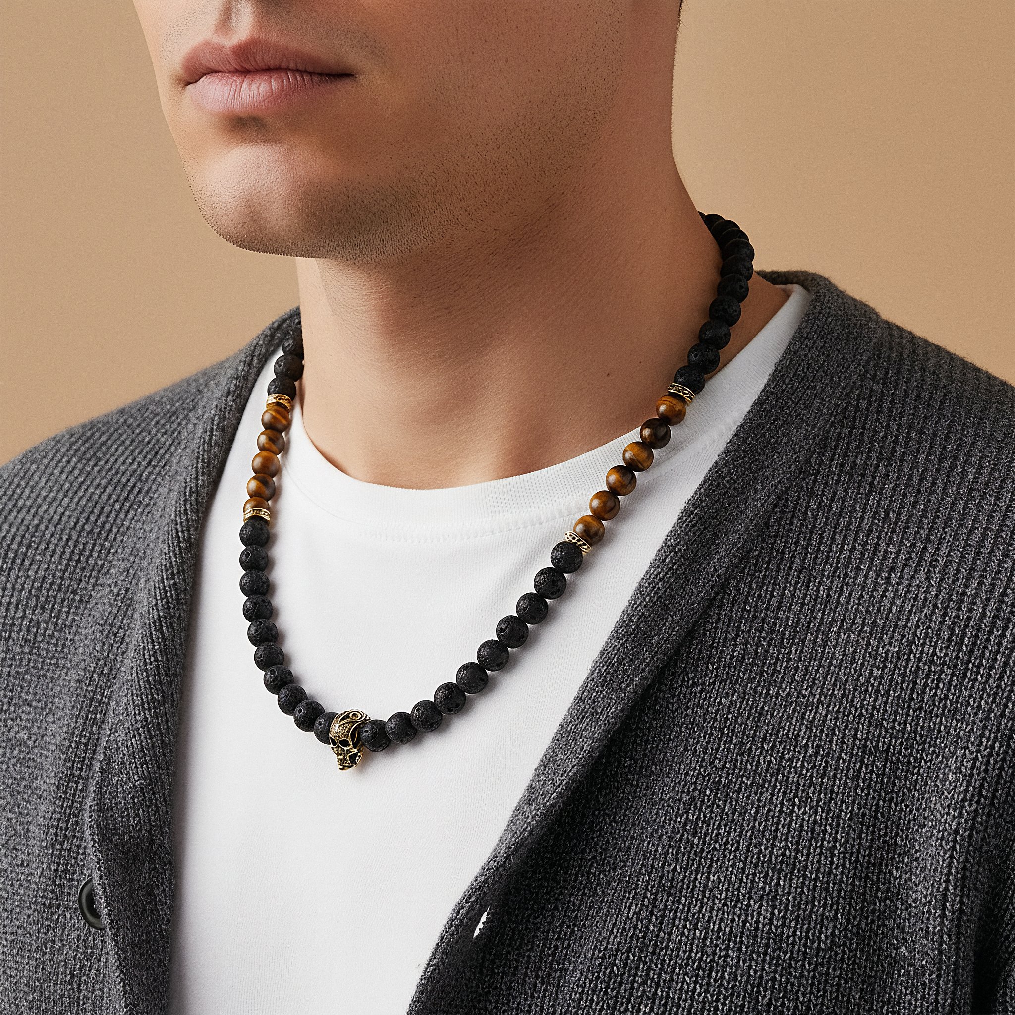 Rico | Black Lava & Yellow Tiger's Eye Skull Necklace  - 3