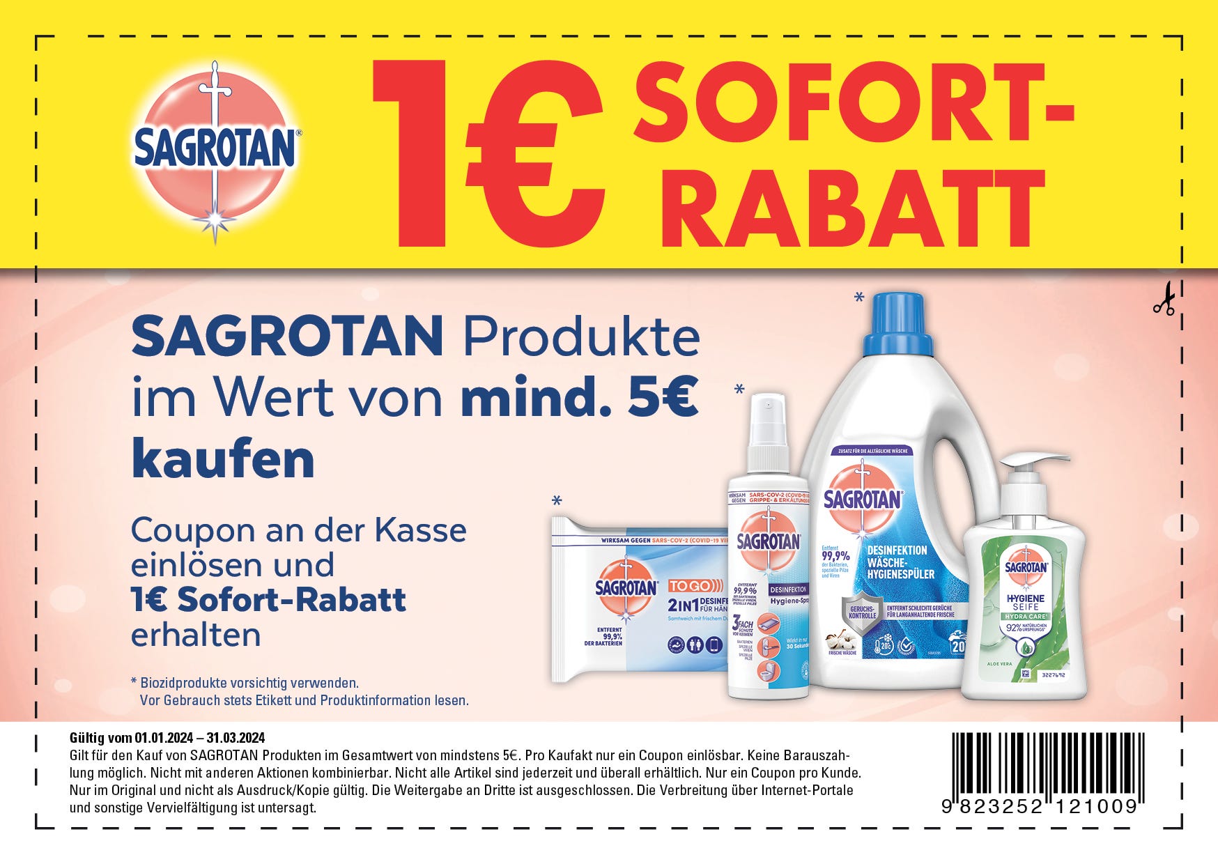 Sagrotan Coupon 2024 1€ Sofort-Rabatt. Klicken Sie auf das Bild um den PDF Coupon herunterzuladen.