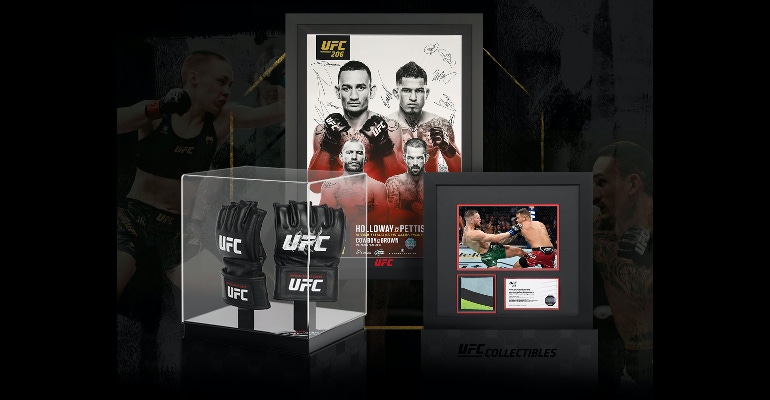 UFC memorabilia, including gloves and fight annoucements