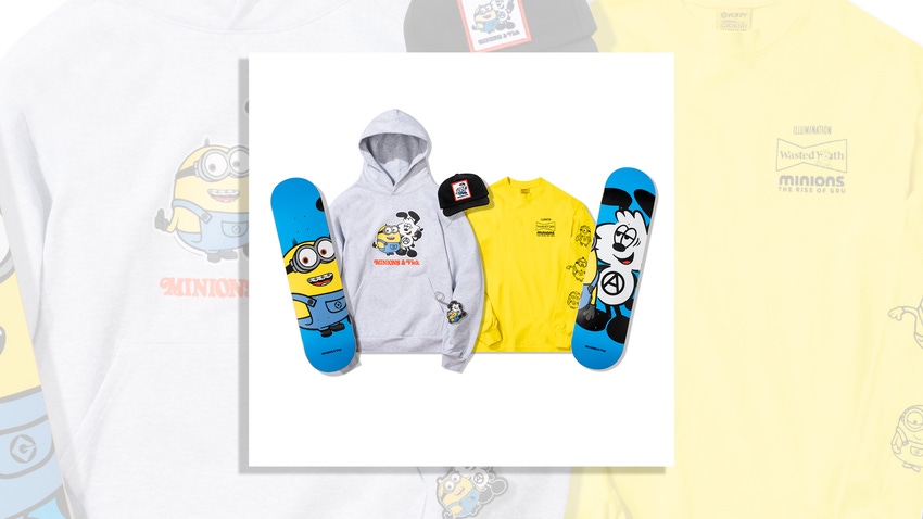 Skateboard decks and apparel from the Verdy x Minions collaboration.