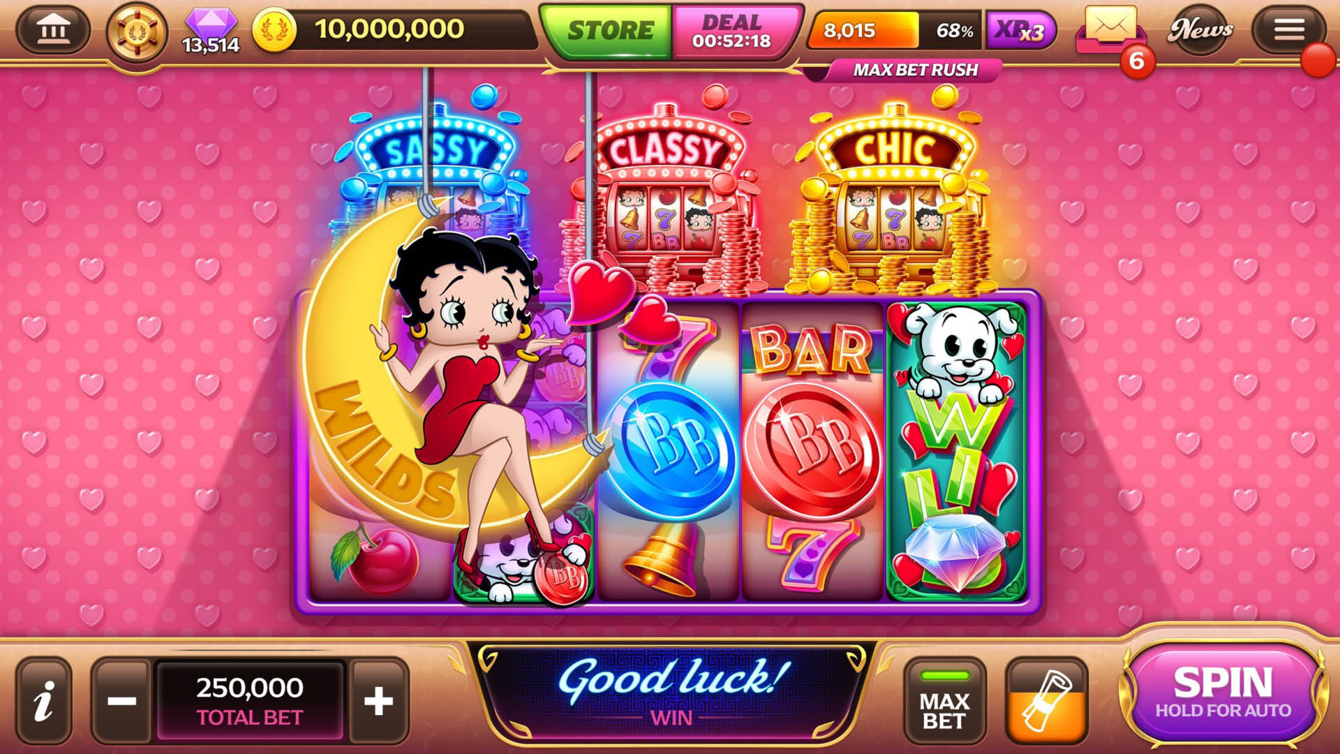 Screenshot van Total Casino spelinterface met slots zoals Betty Boop