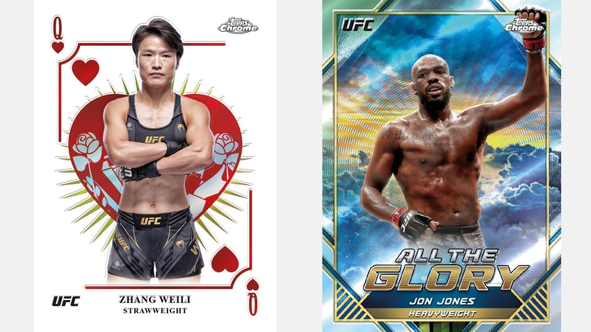 Zhang Weili and Jon Jones trading cards. 