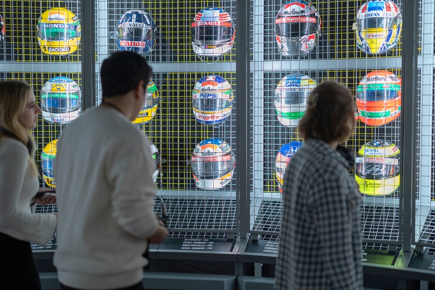 Helmets featured in the Formula 1 Exhibition. 