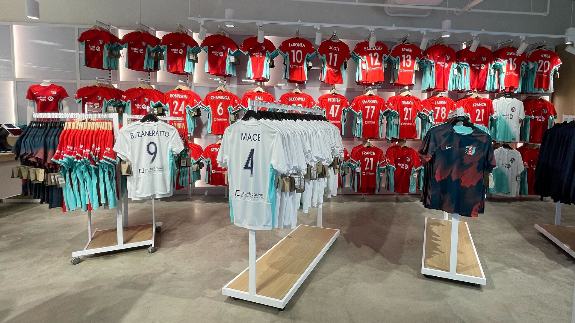 Kansas City Current player jersey wall at invenue retail store