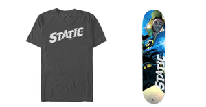 A Static-themed T-shirt and skateboard deck