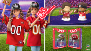 Barbie NFL Super Bowl Champion doll dressed in specialty fan gear, the Super Bowl-themed UNO Fandom deck and Little People figures. 
