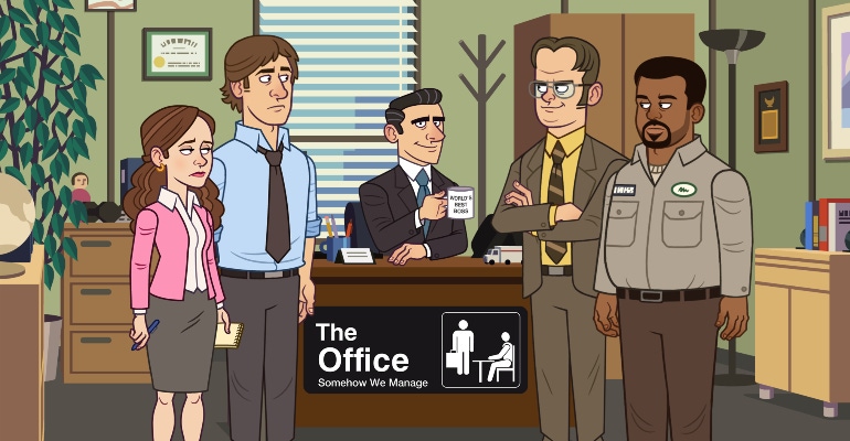 Screengrab from "The Office" Somehow We Manage" game featuring Michael, Dwight, Pam, Jim and Darryl