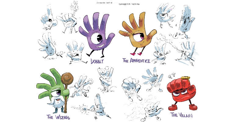 Sketches from the "Spot It!" book featuring main characters from the game including Dobbly.